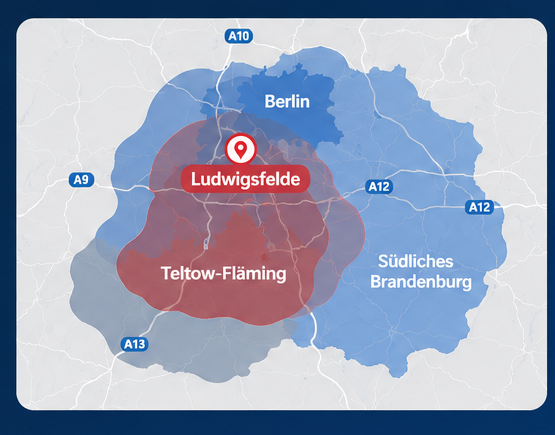 Einsatzgebiet von Nicki's-Kurierdienst mit Standort Ludwigsfelde, Kerngebiet Teltow-Fläming sowie Berlin und südlichem Brandenburg
